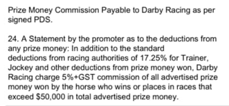 J_Walter23's tweet photo. Owners costs never been higher. Then you see stuff like this .....   

Owners having to pay the Syndicator 5% + GST on any prizemoney won from placings in races that exceed $50,000  

Thats on top of the 17.25% taken by the trainer, rider and other funds. And not the Nett amount after those deductions, the Gross figure the horse earned.   

The owners might still be in a huge deficit with the horse. With the syndicator already profiting from the sale of the horse and the monthly admin fee charged to owners regardless of the horses performance. 

Understand its all disclosed and the buyers choice to accept the terms. But Holy Cow. Mind boggling clients are OK with it #TheGreatGame