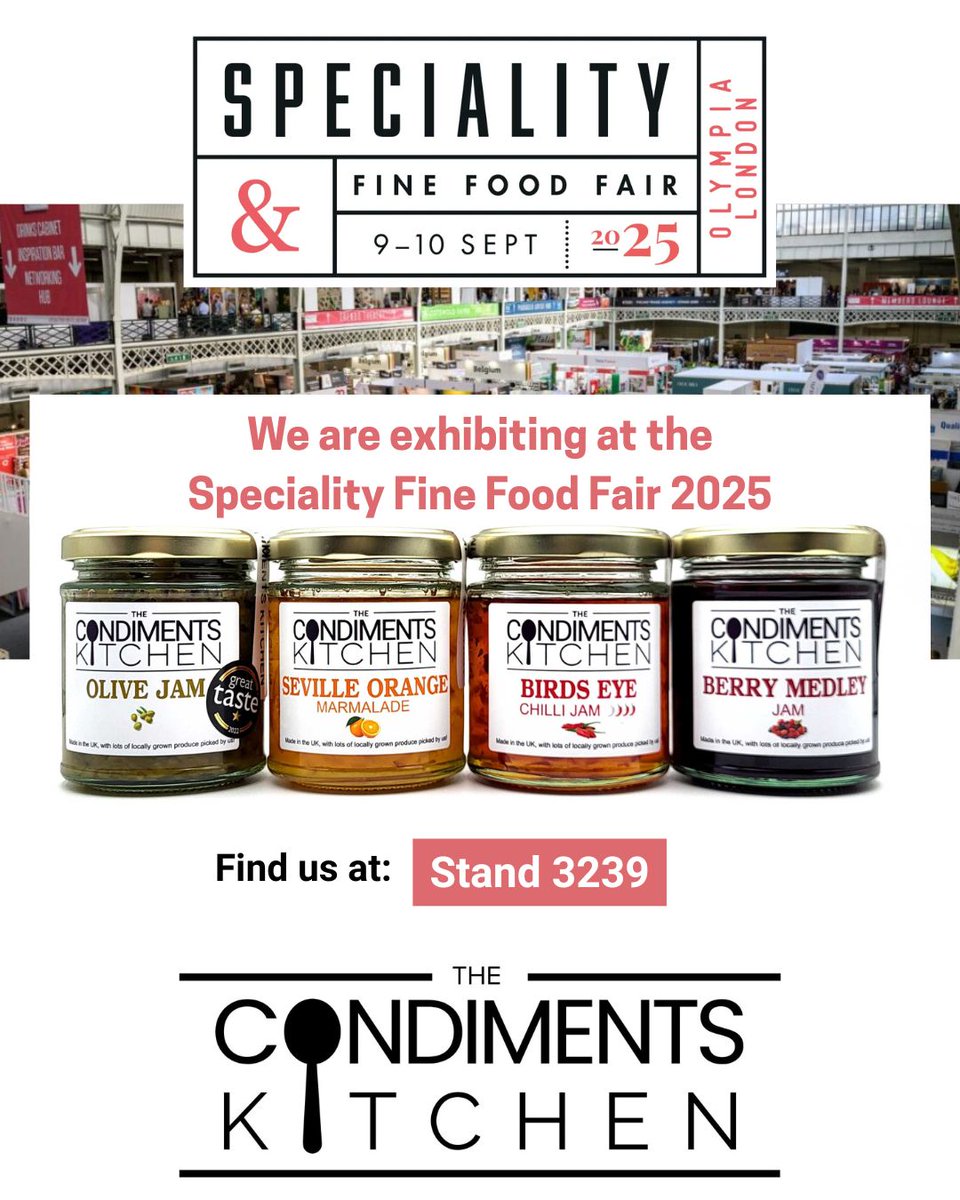 Something HUGE and exciting for us this coming week!

Wish us luck!

If you're a stockist looking for good quality condiments made using lots of locally grown produce then please come and have a taste, you'll find us at stand 3239!

#MHHSBD #specialityfinefoodfair #olympia