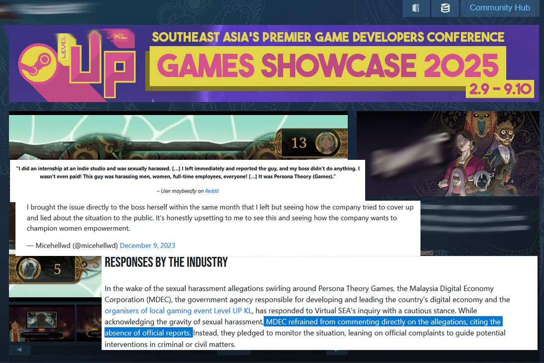 SEAGamethetic's tweet photo. Reminder MDEC/LevelUP KL sold their soul by silently supporting a problematic developer notorious for sexual harassment and fostering a toxic workplace

Proof that they were participating in LevelUP KL 2025 festival: https://t.co/9U6wzT0gjM

Article link:
https://t.co/iy9QcBAlU5 https://t.co/1Cy4JQEYsL