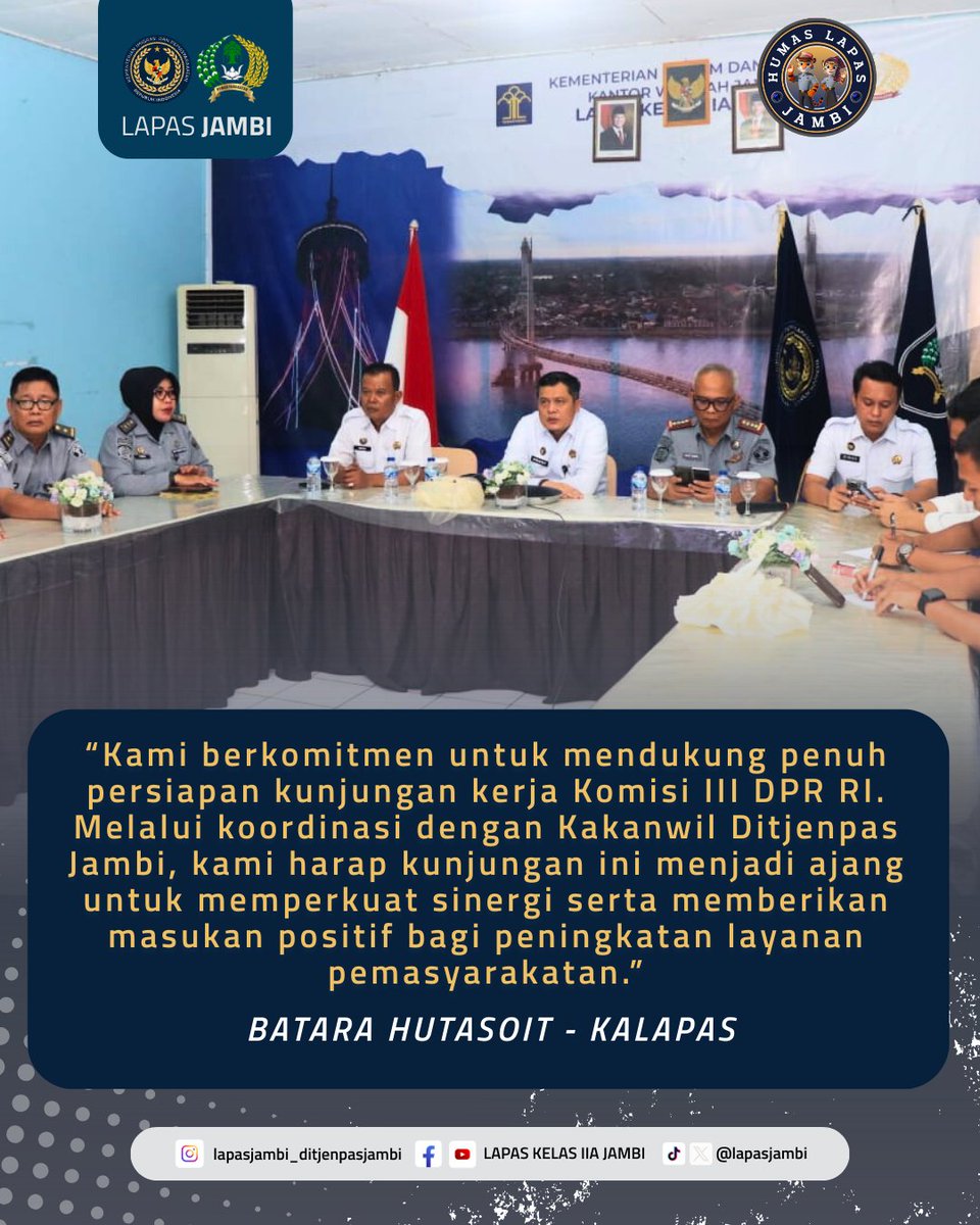 LapasJambi's tweet image. Lapas Jambi Ikuti Rapat Bersama Kakanwil Ditjenpas Jambi, Bahas Persiapan Kunjungan Kerja Komisi XIII DPR RI

#HUTRI80
#IndonesiaMaju
#KemenimipasRI
#ImipasJambi
#AgusAndrianto
#Hidayat
#BataraHutasoit
#GuardAndGuide
#infoimipas