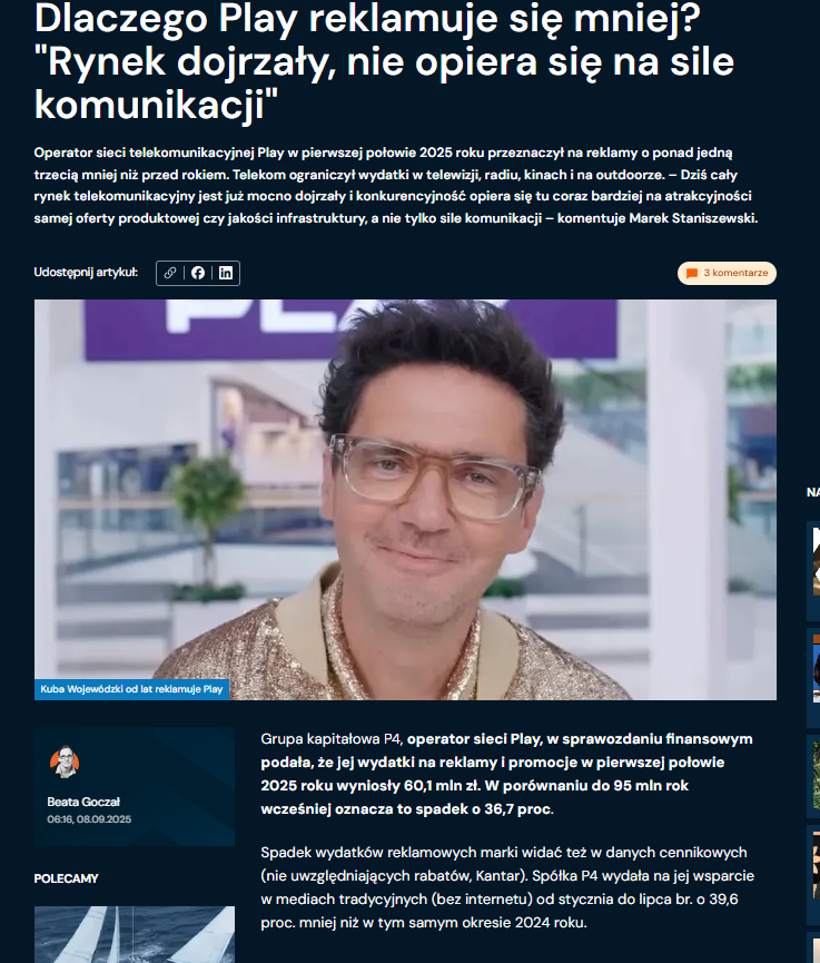 staniszewski's tweet photo. Marka Play znacząco ograniczyła w tym roku wydatki na reklamę. Wygląda na to, że strategia taka wpisuje się w logikę marek dojrzałych...
Więcej w załączonym materiale.
(w tekście znalazł się również mój komentarz na temat tej strategii)
https://t.co/TIWd0Oivkk https://t.co/fktPI62Quv