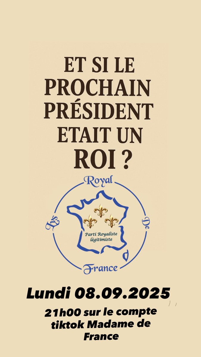 📢 LIVE ce soir à 21h

Rejoignez-nous pour un moment unique avec le Parti <a href="/lysde_france/">Lys Royal de FRANCE⚜️</a> <a href="/damienpennes/">⚜️Damien Lys Royal de France⚜️</a> 👑✨

👉 Vous pourrez :
•Poser toutes vos questions
•Partager vos suggestions
•Interagir en direct avec le président du parti

Un échange ouvert, clair et sincère pour parler
