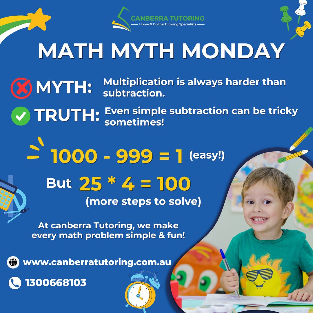 CanberraTutring's tweet image. ❌ Myth: Multiplication is always harder than subtraction.
✅ Truth: Even simple subtraction can be tricky!
At Canberra Tutoring, we make every math problem simple &amp;amp; fun. 📘
👉 canberratutoring.com.au | 📞1300 668 103

#MathMythMonday #MathMadeEasy #Tutoring #STEM #FunLearning