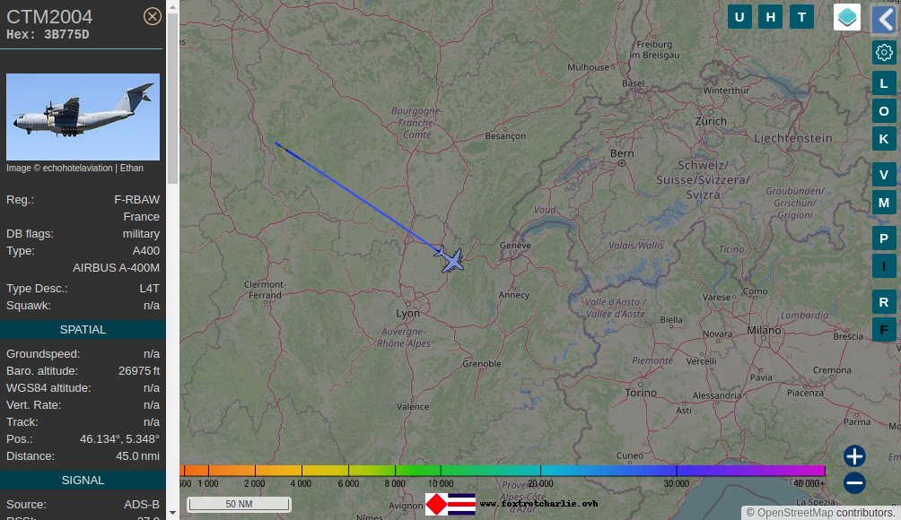 Foxcharlie's tweet photo. Airbus A400M-180 π« ascending in range of ChalonSurSaone receiver at 26825ft at 320.0mph heading SE with tail France - A ident CTM2004 ICAO code 3B775D France π‘ https://t.co/c82GniBOix https://t.co/DOrv0lBdNj