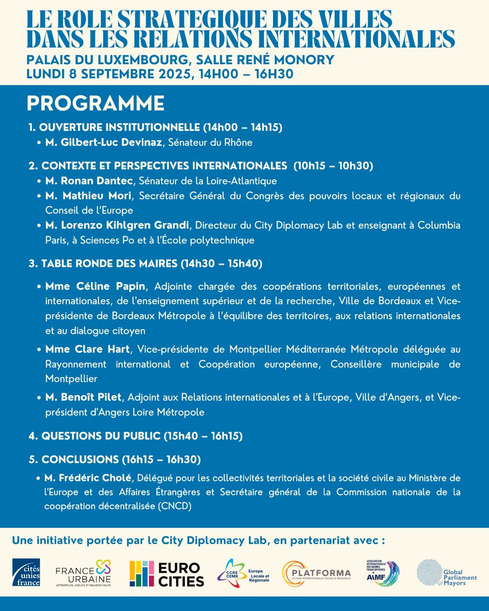 🏛️Aujourd’hui, le <a href="/Senat/">Sénat</a> accueille le premier événement du cycle du City Diplomacy Lab sur le rôle stratégique des villes dans les relations internationales.
Prochaines étapes : 15/09 <a href="/Montecitorio/">Camera dei deputati</a> 🇮🇹 – 15/10 <a href="/Europarl_EN/">European Parliament</a> 🇪🇺
En savoir plus : citydiplomacylab.net/french-senate/