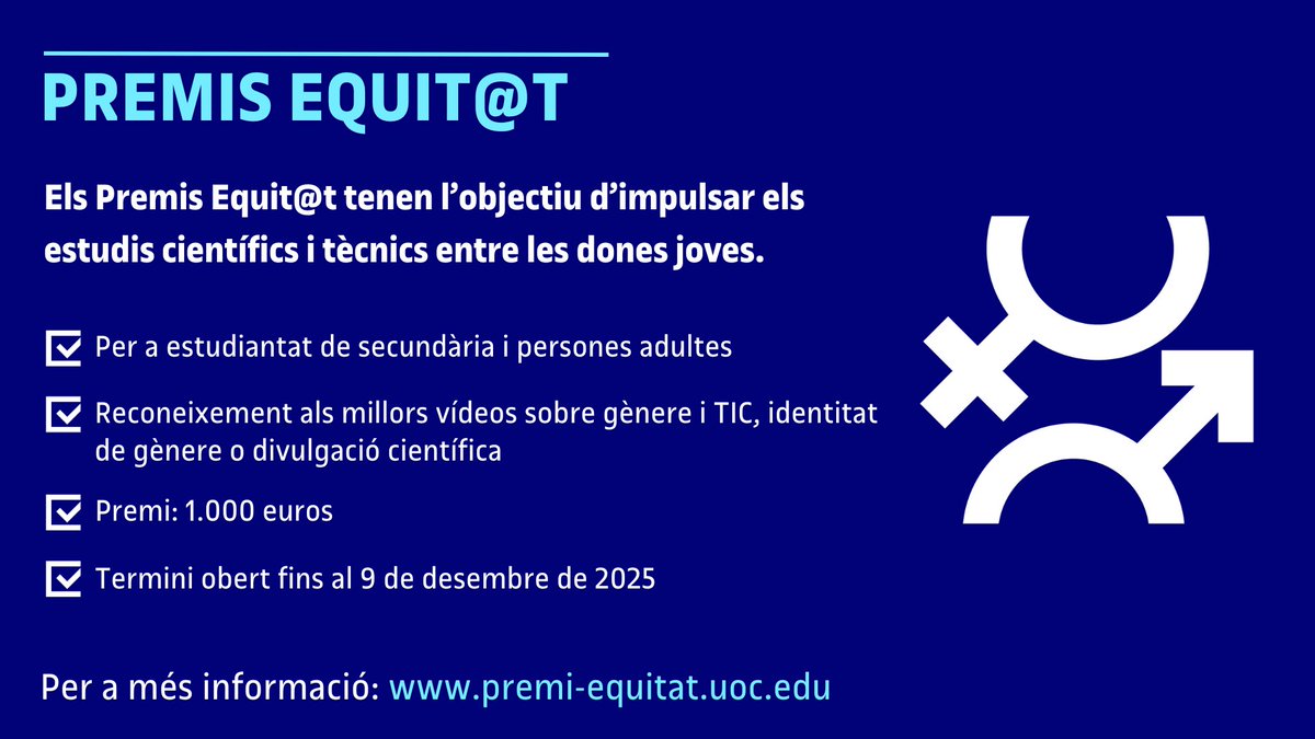 🟢Des dels Estudis d'Informàtica, Multimèdia i Telecomunicació de la <a href="/UOCuniversitat/">UOCuniversitat</a> convoquem una nova edició dels #PremisEquitat.

🏅Categories:
☑️Estudiantat: gènere i TIC
☑️Estudiantat: identitat de gènere Ma. Antònia Huertas
☑️Estudiantat: divulgació científica