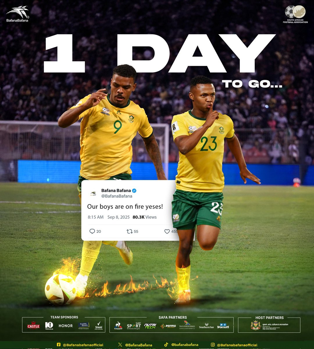 BafanaBafana's tweet photo. One more day...

South Africa 🇿🇦 vs 🇳🇬 Nigeria 

#BafanaPride

@SABC_Sport https://t.co/xEH4dhaJQK