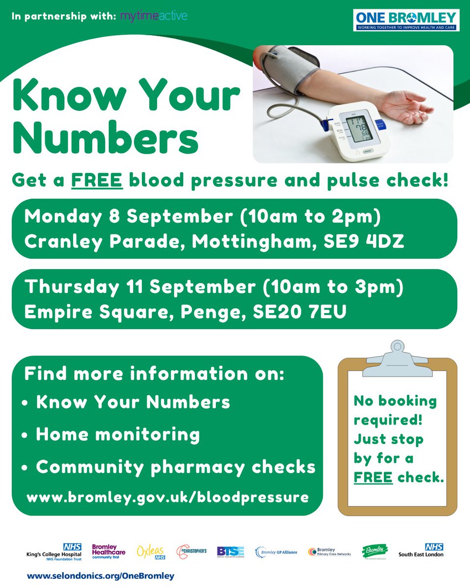 #KnowYourNumbers is back!

If you're in #Mottingham today, get a FREE blood pressure &amp; pulse check, no booking required

Checking your #bloodpressure &amp; pulse takes just a few minutes &amp; can have a significant impact on your health:ow.ly/5LkJ50WMOhk

@onebromley @lbofbromley