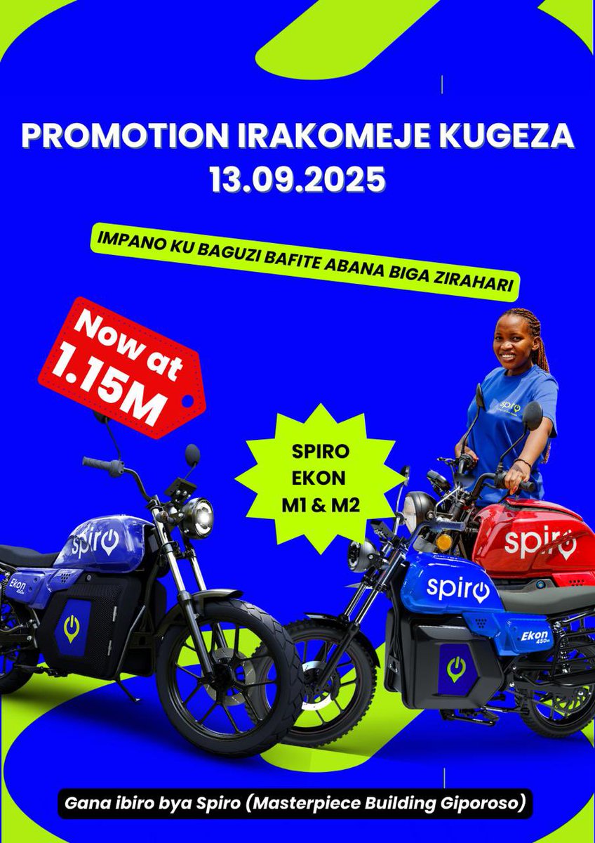 Abinkwakuzi batangiye kwigurira! 

#MotoYumujyi yavuye kuri Miliyoni 2 igera kuri 1.150.000 ubunani muri <a href="/spiro_rw/">Spiro.Rw</a> bwatangiye! 

Simbukira muri karitsiye yanjye Giporoso kuri Spiro wigurire!