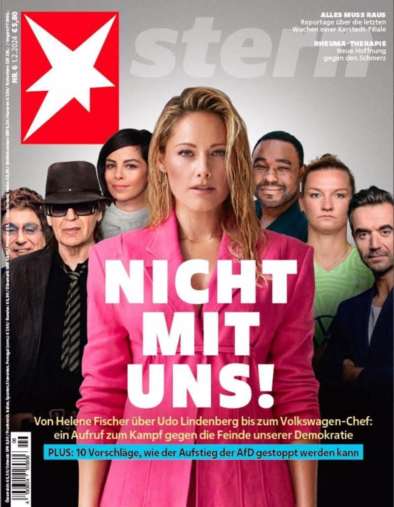 ‼️"Nicht mit uns!", 
titelte das Magazin "Stern" am Donnerstag. 
▶️ Auf dem Titelblatt eine Reihe deutscher Stars, darunter Udo Lindenberg, Roland Kaiser, Mario Barth, Bully Herbig, Maite Kelly, Florian Silbereisen, Atze Schröder, insgesamt rund 30 Prominente -