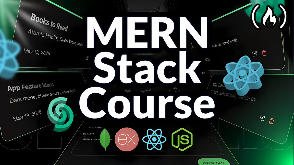 freeCodeCamp's tweet image. If you want to learn full stack web development, this MERN stack course is a great place to start.
The MERN stack is made up of MongoDB, Express, React, and Node.js and is a popular way to build web apps.
In this course, you'll set up the back end, learn about controllers,…