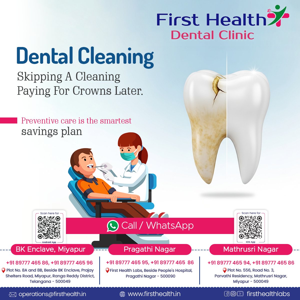 firsthealthlabs's tweet image. Don’t wait for pain to remind you.  
Skip a cleaning today, pay for it tomorrow. 
Prevent problems before they start. 
Visit First Health Dental Clinic.  

Visit us: firsthealth.in
Contact: +91 89777 465 86 | +91 89777 465 96  

#FirstHealthLabs #DentalCare #HealthySmile