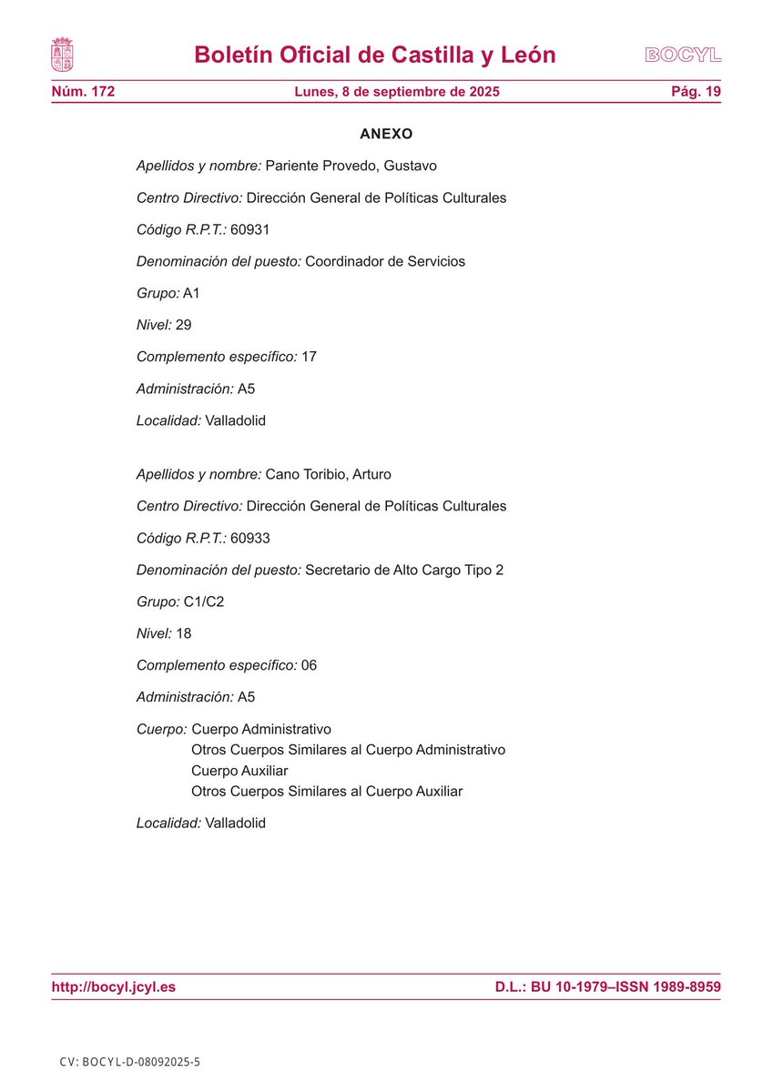 🏛 CONSEJERÍA DE CULTURA, TURISMO Y DEPORTE

📰 ORDEN CYT/983/2025, de 29 de agosto, por la que se resuelve convocatoria pública para cubrir, mediante el sistema de libre designación, los puestos de trabajo que se citan.

📎 bocyl.jcyl.es/boletines/2025…
