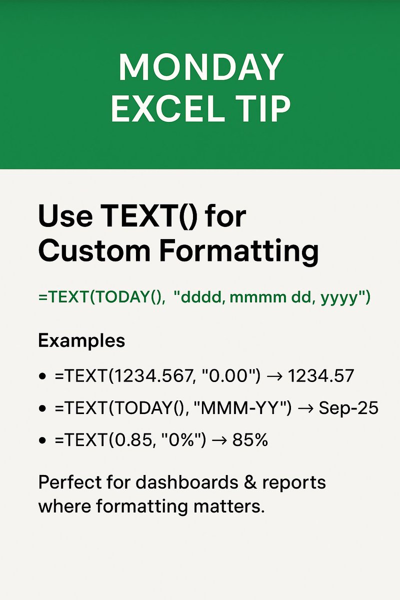 RaphaelMhki's tweet image. Monday Excel Tip: Use TEXT() for Custom Formatting
Instead of manually formatting numbers, use the TEXT() function to display values exactly how you want.
Perfect for dashboards & reports where formatting matters 🎯
#ExcelTips #DataAnalytics #ExcelFormula