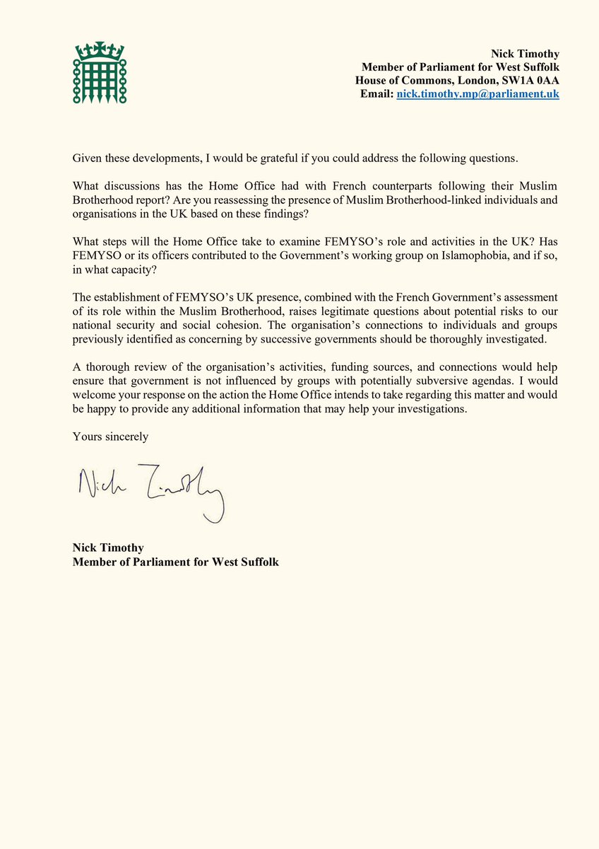 NJ_Timothy's tweet image. An organisation believed to be a front for the Muslim Brotherhood has opened in Britain.

French intelligence says the Forum of European Muslim Youth provides training for “high-potential” Brotherhood leaders.

It should be closed down. 

My letter to the new Home Secretary: