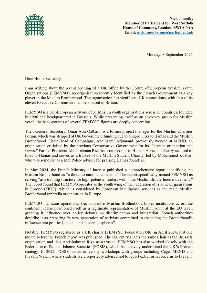 NJ_Timothy's tweet image. An organisation believed to be a front for the Muslim Brotherhood has opened in Britain.

French intelligence says the Forum of European Muslim Youth provides training for “high-potential” Brotherhood leaders.

It should be closed down. 

My letter to the new Home Secretary: