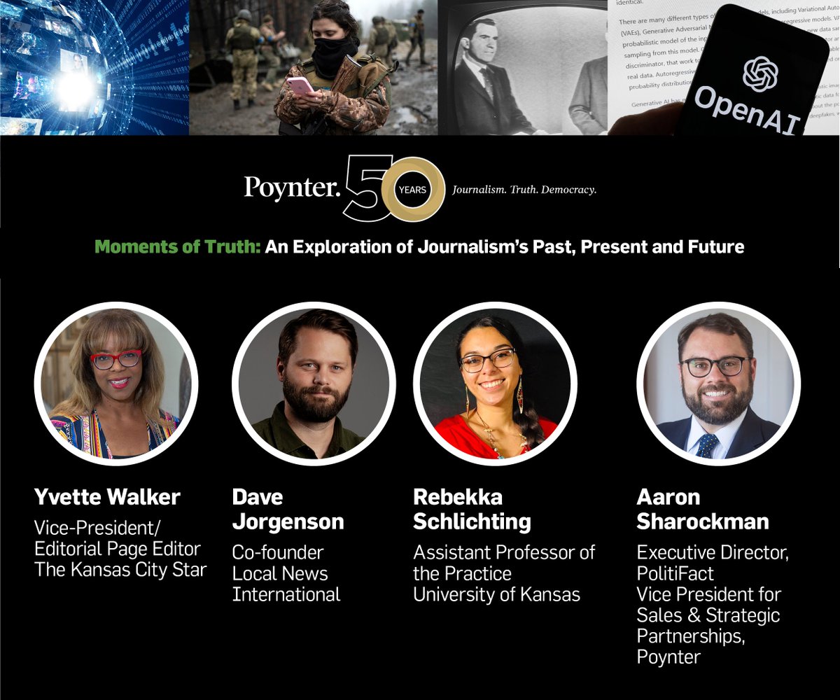 Poynter's tweet image. 📻From radio to social media, what’s next for the news?  Join Dave Jorgenson, @ywalker, Rebekka Schlichting and Poynter’s @asharock on Sep. 10 at @TheWWImuseum for a conversation about key moments that shaped today’s media landscape and what comes next for news and information.…