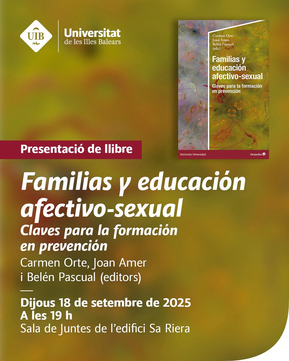 Us deixam la informació sobre la presentació del llibre Familias y educación afectivo-sexual: claves para la formación en prevención. 

🗓️18 de setembre
📍Sala de Juntes de l’edifici Sa Riera
🕖19h
📩Pregam confirmar assistència a tecnigifes@gmail.com 

Us hi esperam!