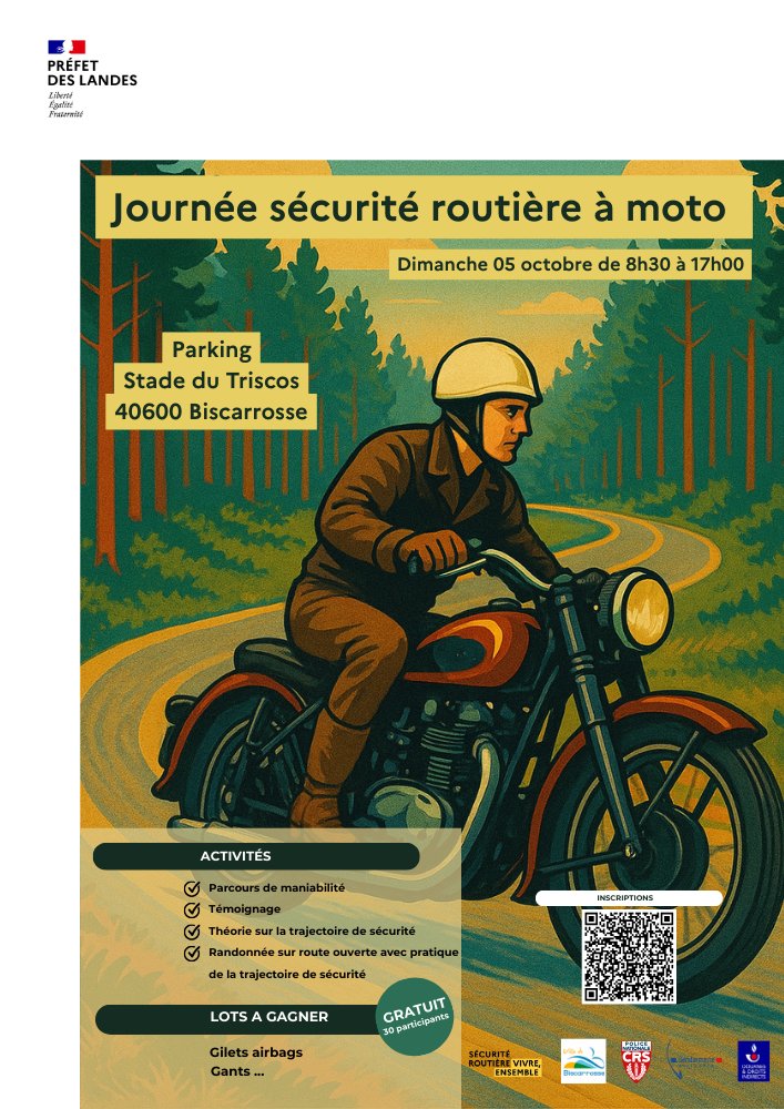 Prefecture40's tweet image. #securiteroutiere |🗓 Journée sécurité routière à #moto – #Biscarrosse, le 5 octobre 2025

« Motards ! Votre sécurité ne relève pas du hasard ! »

👉 Atelier maniabilité sur plateau + parcours encadré avec Gendarmerie, Police et Douanes
👉 Témoignage d’un accidenté
👉 Quiz et