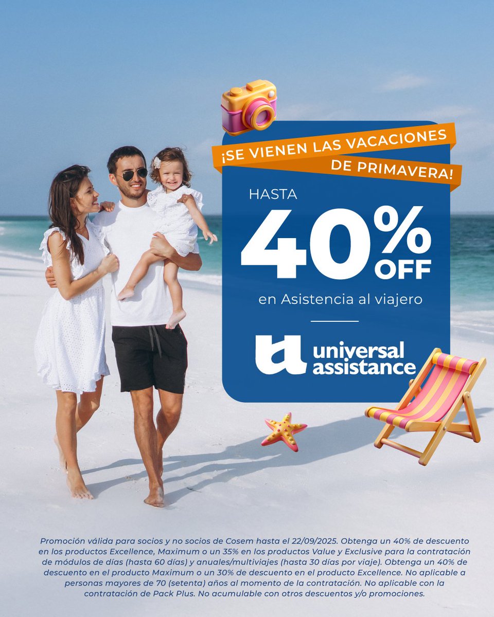 🌸Viajá tranquilo con el respaldo de COSEM + Universal Assistance ✈️
👉 Aprovechá esta promo de hasta 40% OFF y disfrutá con la protección que necesitás.
*Válido para socios y no socios de COSEM. 

Contactanos para saber más: 📞19933 | 📲 2403 0000 | 📩 comercial@cosem.com.uy