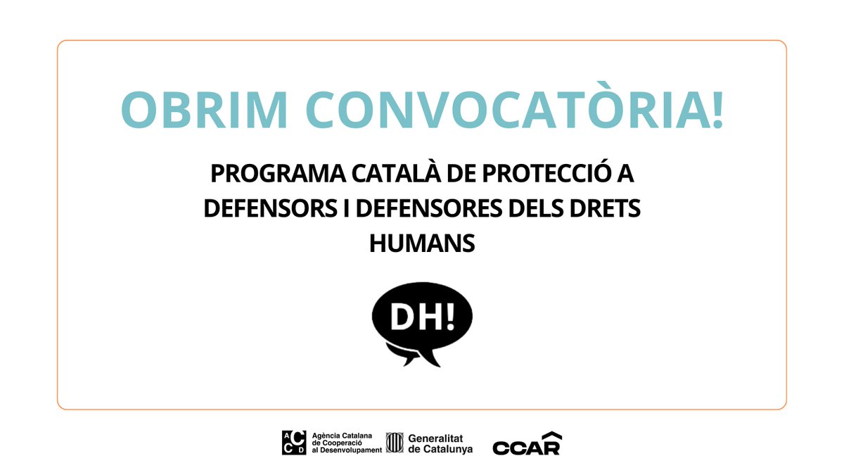 CCARefugi's tweet image. 📩 Avui obrim la convocatòria per presentar candidatures al Programa Català de Protecció de Defensores i Defensors dels Drets Humans!

🗓️ Es poden presentar candidatures fins al 10 d'octubre 

➕ informació i formularis a: ccar.cat/nova-convocato…
