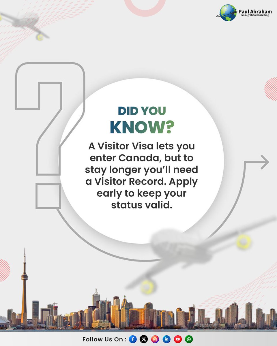 A Visitor Visa lets you enter Canada, but to extend your stay, you’ll need a Visitor Record.
Stay compliant — apply early and avoid interruptions.
.
.
#visitorvisa #immigrationconsulting #visitorvisacanada #MoveToCanada #VisitorRecord #canadapr #PAIC