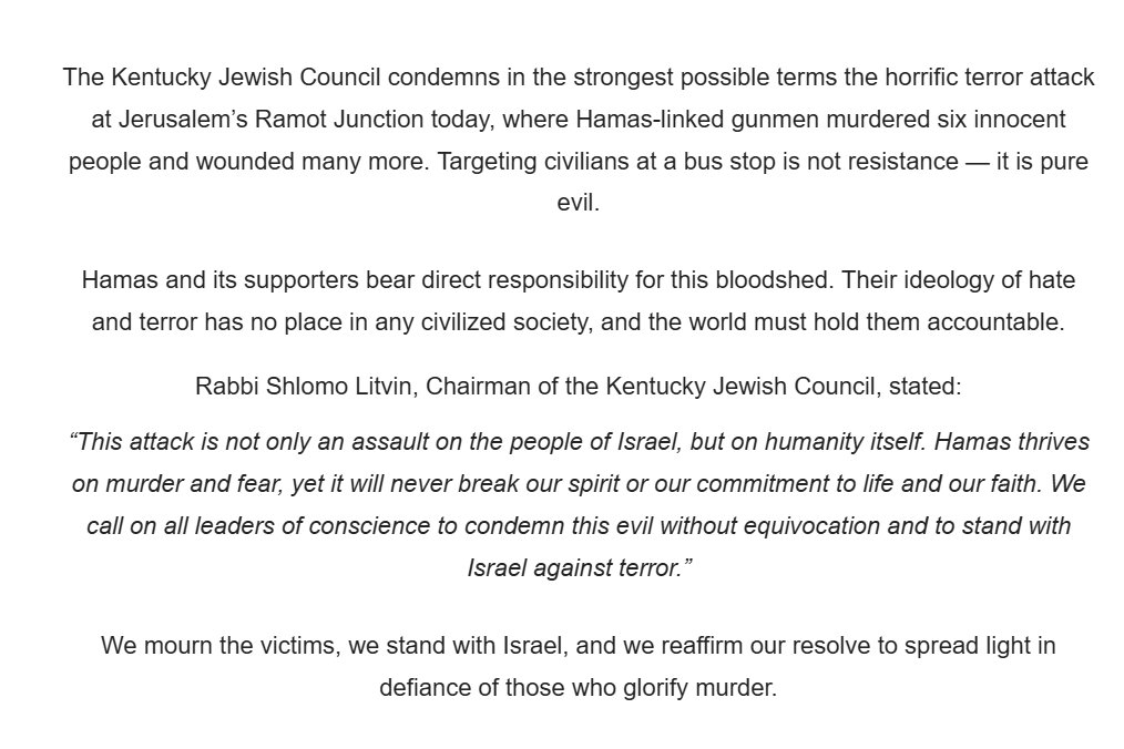 We condemn in the strongest possible terms the horrific terror attack at Jerusalem’s Ramot Junction today, where Hamas-linked gunmen murdered six innocent people and wounded many more. Targeting civilians at a bus stop is not resistance — it is pure evil.

Read More Here: