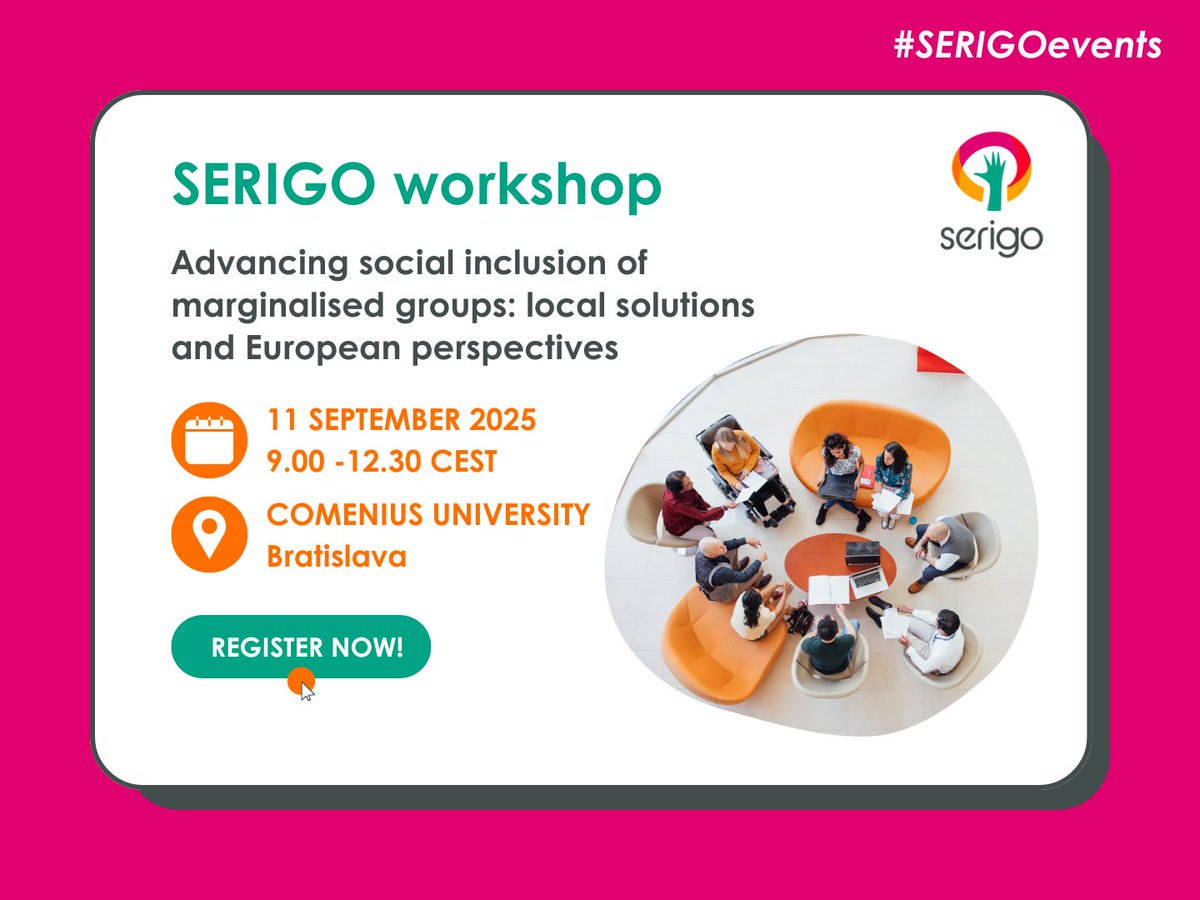 📢 Are you in Bratislava this week? Join us for our second Community of Practice workshop!
📅 11 September 2025
 📍 Faculty of Social and Economic Sciences, Comenius University, Bratislava (Slovakia)
 🔗 Last days to register! 👉serigo-project.eu/event/advancin…