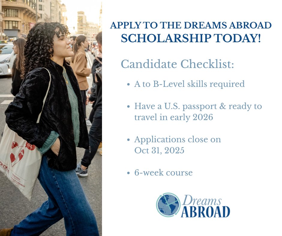 We have opened applications for our 2026 Scholarship! We will cover all travel and learning expenses for one recipient to do this fully-immersive program in Madrid, Spain, early next year. Apply today: dreamsabroad.com/scholarship/ap….

#DreamsAbroad