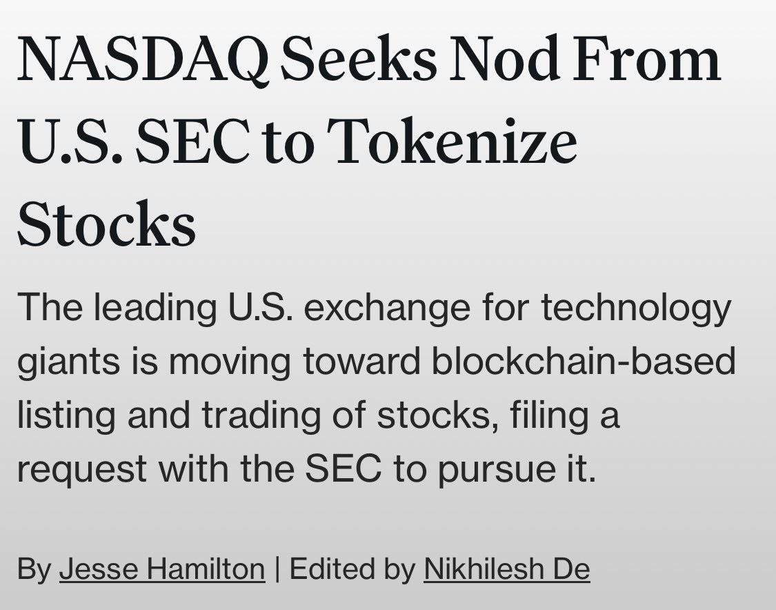 나스닥, 미국 증권거래위원회(SEC)에 주식 토큰화 승인 요청 흠