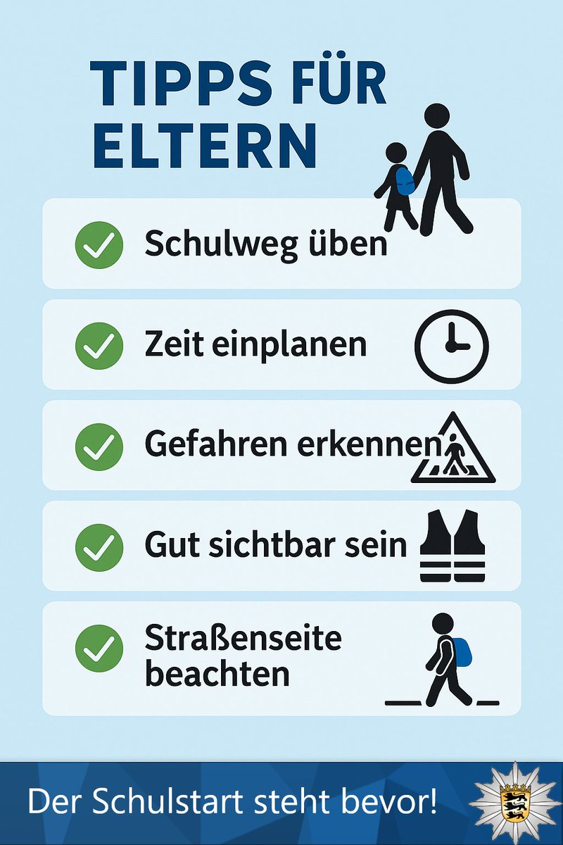 🎒 Bald startet die Schule!

Tipps für Eltern:

 ✔️ Schulweg vorher üben
 ✔️ Stress vermeiden
 ✔️ Gefahren erklären (Ampel/Zebrastreifen)
 ✔️ Sichtbarkeit durch helle Kleidung
 ✔️ Verkehr abgewandte Seite nutzen

Sicher zur Schule – für einen guten Start!