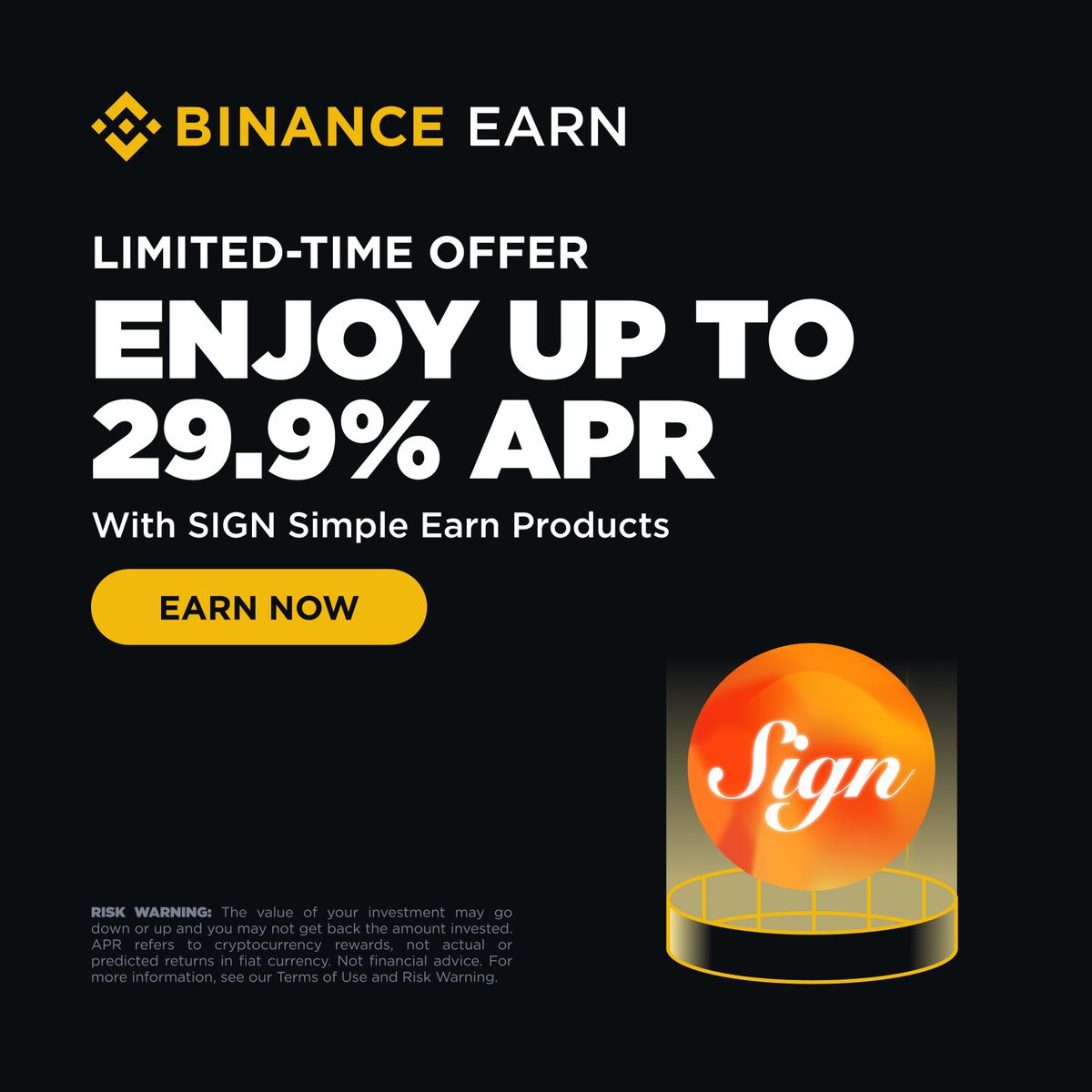 More quota has been opened for $SIGN Locked Products with 29.9% APR! 

🔸 New users who verify their identity
🔸 Verified users with $50+ Spot trading volume

Subscribe now 👉app.binance.com/earn/simple-ea…