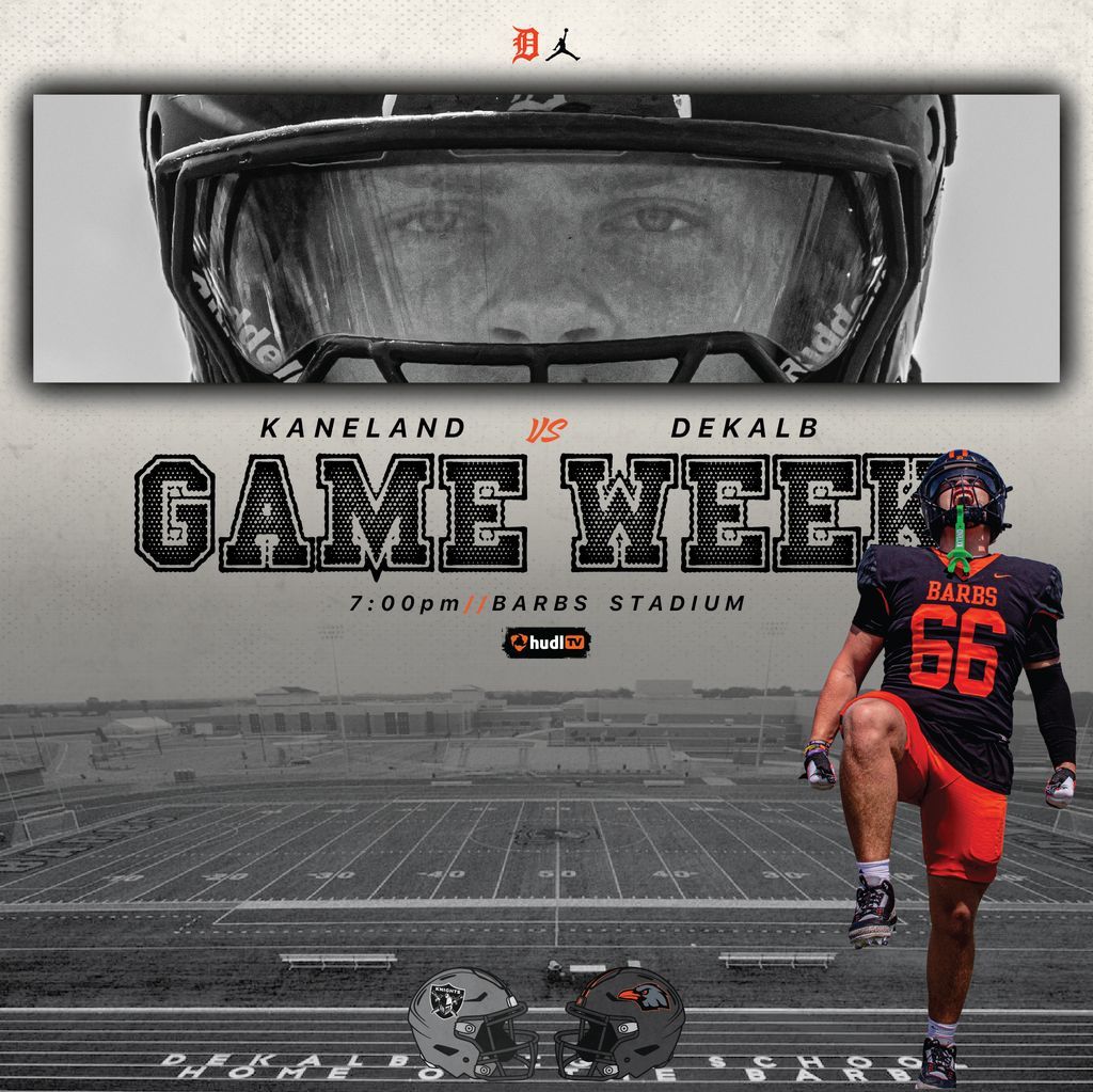 Barb Nation it's Game Week!!! 🟧 ⬛  This Friday Kaneland travels to DeKalb to take on the Barbs! Sophomores Kickoff at 4:30pm followed by Varsity at 7:00pm!