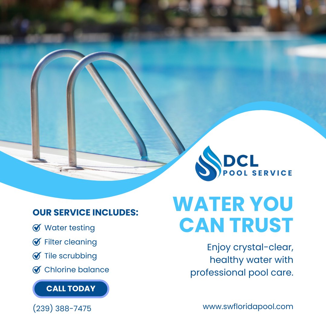 DclPoolServices's tweet image. Safe, clean, and clear water is just a service away with DCL Pool Services.
#WaterYouCanTrust #DCLPoolServices #HealthySwimming #FloridaPools #ClearWaterCare