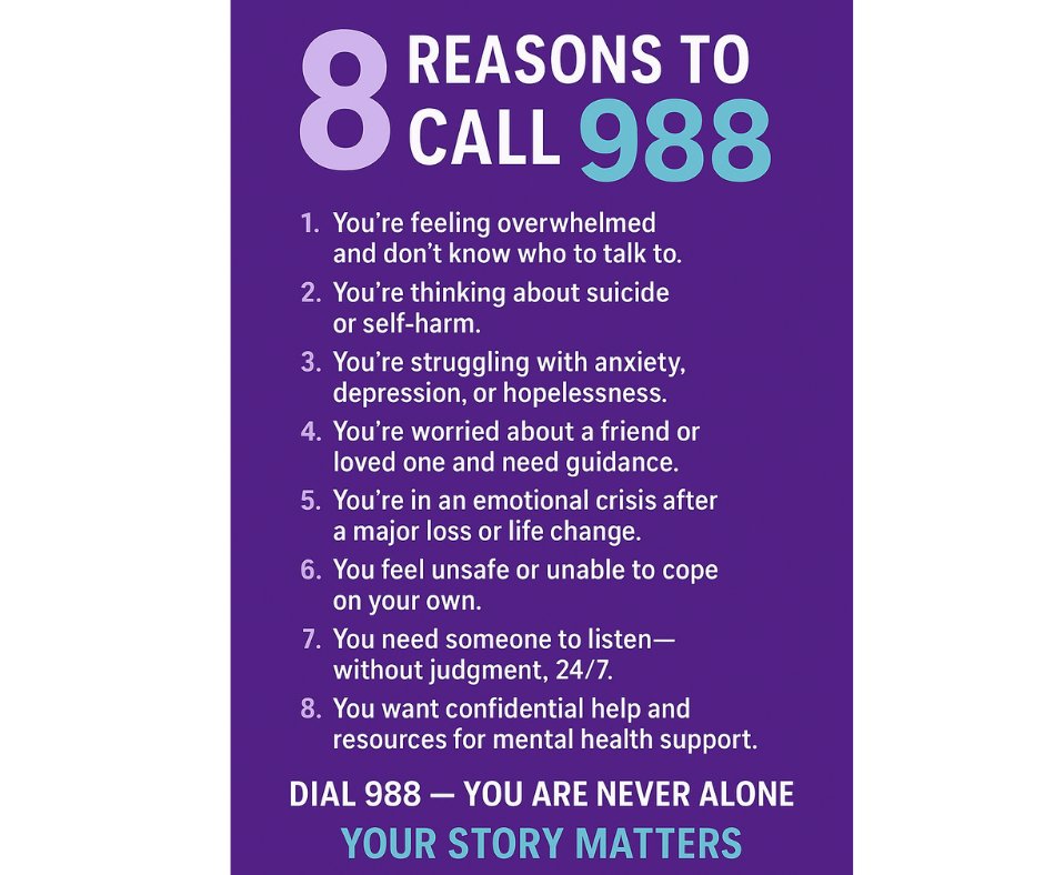 8 Reasons to Call 988 for suicide and crisis support. 

#988Day #continueyourstory #MentalHealthMatters