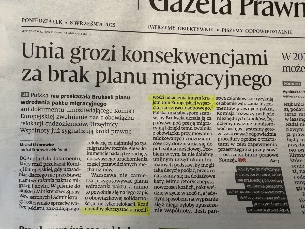 #paktmigracyjny Rząd <a href="/donaldtusk/">Donald Tusk</a> od wielu miesięcy powtarza, że Polska jest wyłączona z nowych unijnych przepisów migracyjnych, jednocześnie deklaruje Komisji Europejskiej, że Polska może uczestniczyć w mechanizmie solidarności i udzielić innym krajom Unii "wsparcia