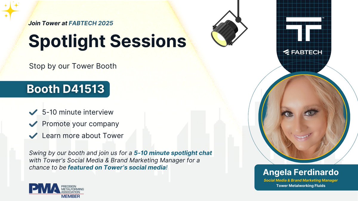 🚀 It’s Day 1 of #FABTECH2025!
Visit Tower at booth D41513 &amp; join our Spotlight Sessions 🎤

✨ Promote your company
✨ Rep Tower
✨ Be featured on our socials!

Let’s make this show unforgettable 🙌

#TowerMWF #FABTECH2025  #SpotlightSessions