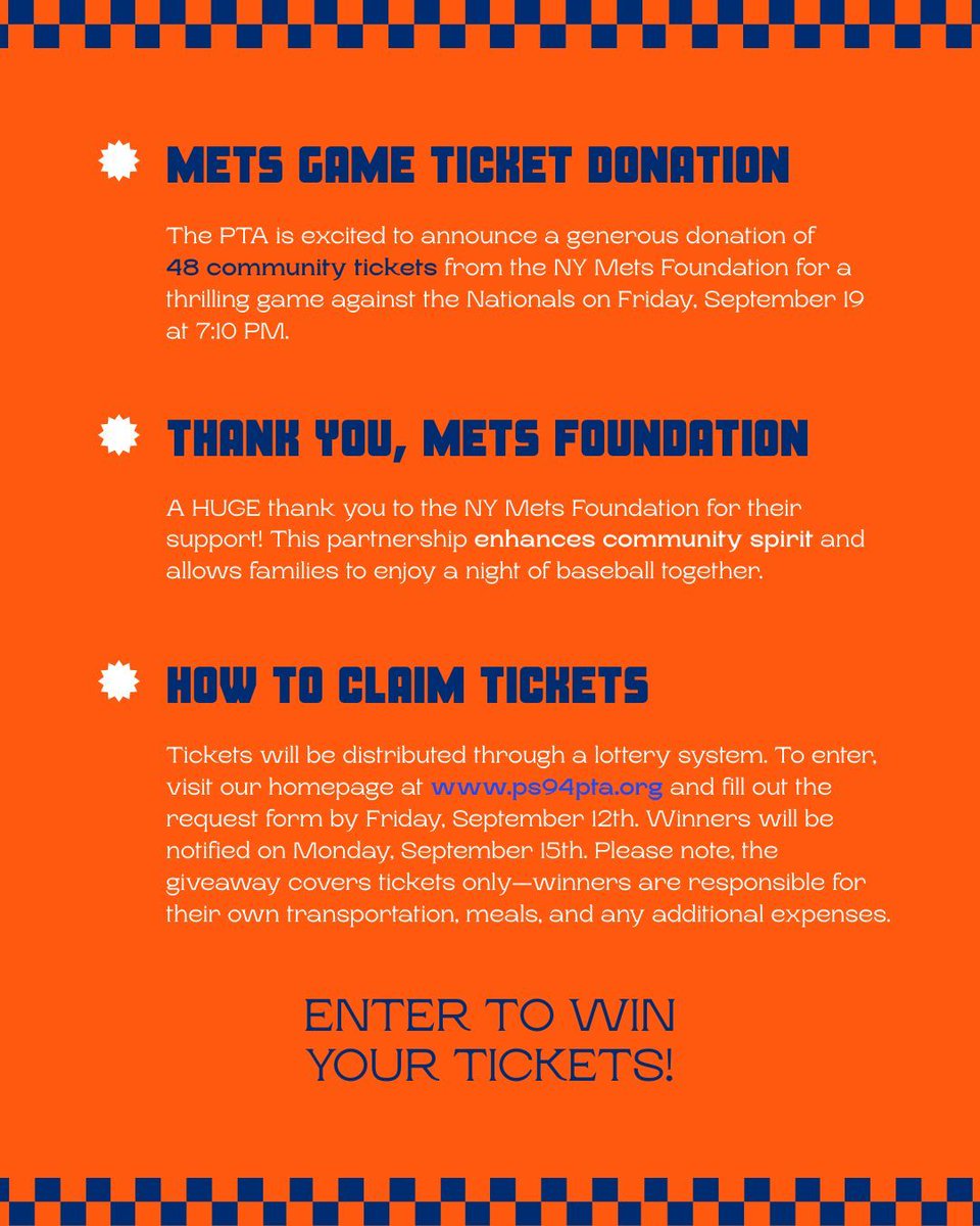 Big league news! ⚾ The Mets Foundation has donated tickets for our PS94Q families to watch the Mets vs. Nationals at Citi Field! Check your school email for details on how to enter the lottery by Sept 12. 

Let’s go Mets! 💙🧡 <a href="/PS94DavidPorter/">PS94 David D Porter</a> <a href="/94QDavidDPorter/">Laura Avakians</a>