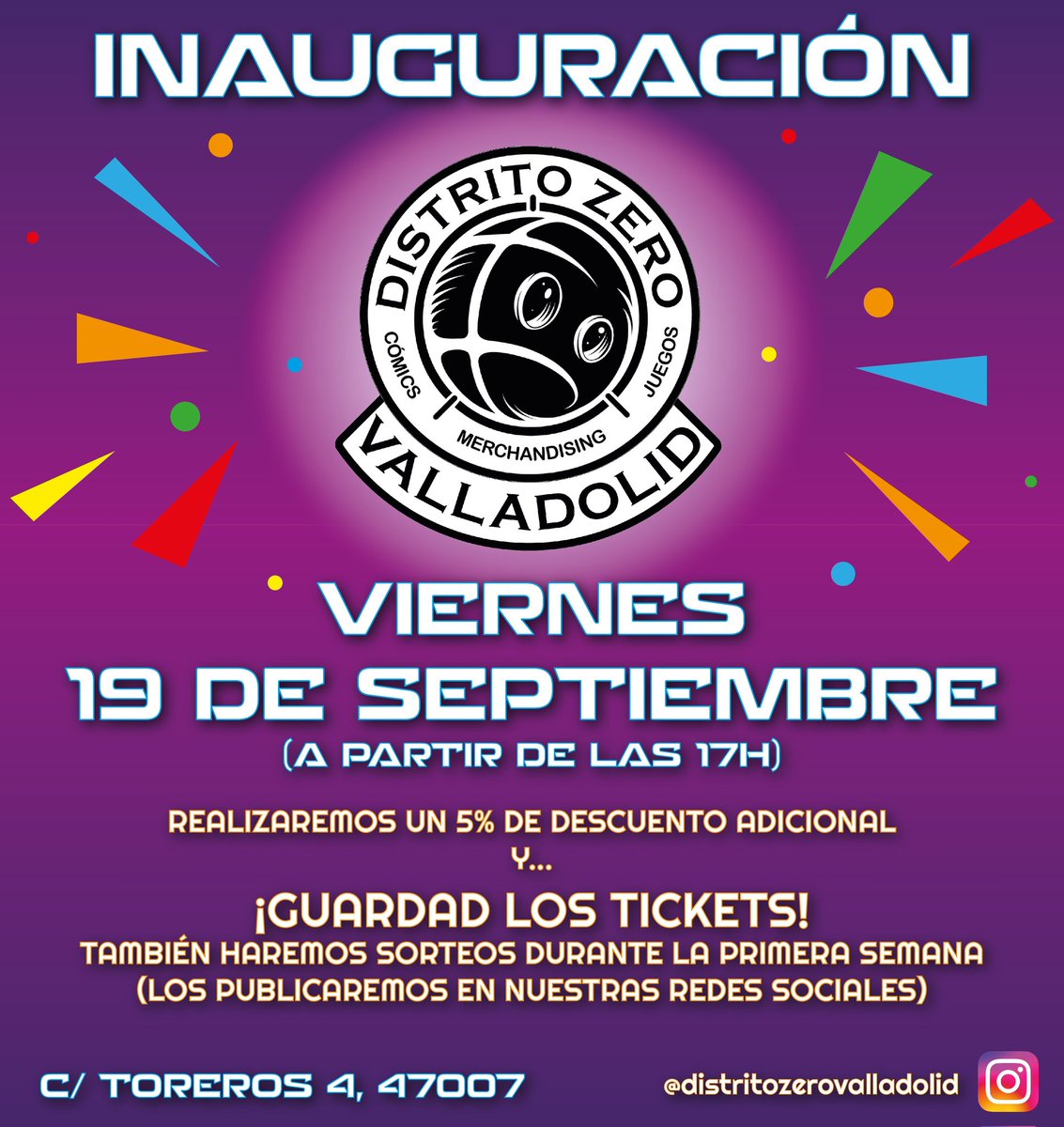 DistritoZer0's tweet image. ¡🎉 Gran Inauguración de Distrito Zero Valladolid 🎉!

Este viernes 19 de septiembre, a partir de las 17:00, abrimos nuestras puertas para compartir con vosotros un nuevo espacio dedicado a cómics, juegos y merchandising. 🕹️📚✨