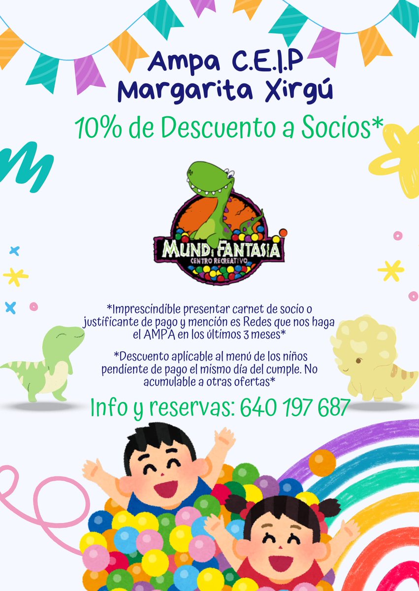 Se acerca el cumpleaños de tu peque???🎂🎂🎂
No sabes dónde celebrarlo?
Pues te recomendamos que acudas a @_mundifantasia_  se lo pasarán en grande!!!

No dudes en ir a reservar y descubre todo lo que tienen allí para que se diviertan.
Y siendo socio del AMPA tendrás un descuento