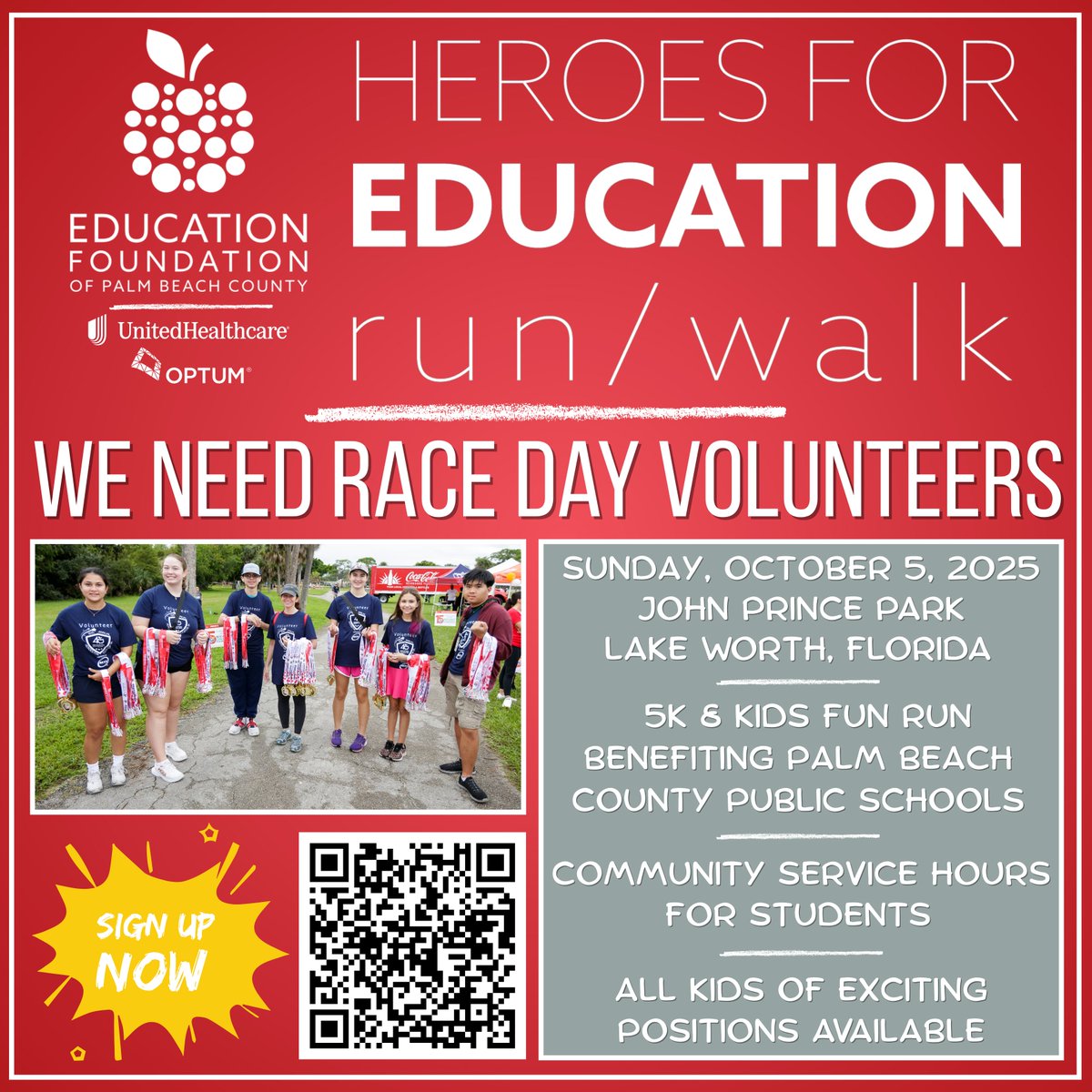 EducationFdnPBC's tweet image. 🏃‍♂️🥇 We&apos;re looking for volunteers for our 11th Annual Heroes For Education 5K on Sunday, October 5, 2025 at John Prince Park in Lake Worth.

Students can get COMMUNITY SERVICE HOURS!

SIGN UP HERE 👉 tinyurl.com/35zd8465