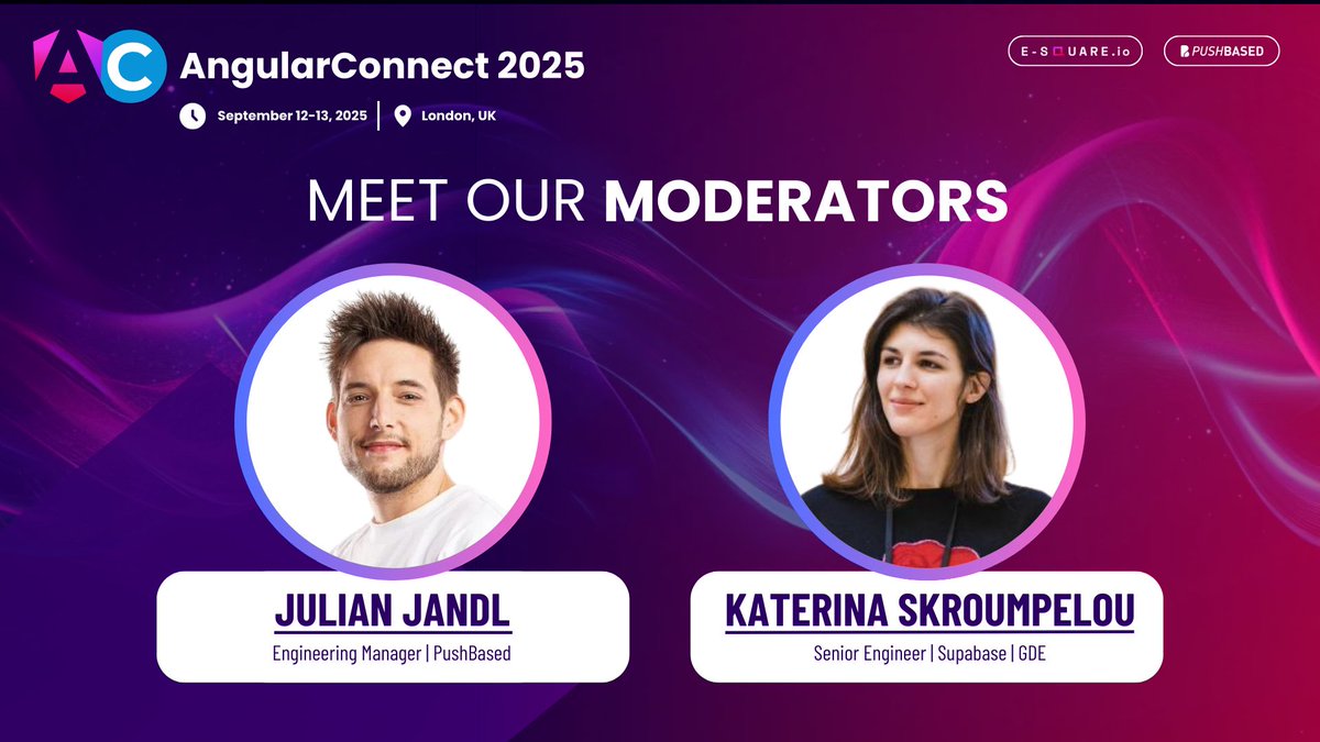 AngularConnect's tweet image. 🎤 Meet our Moderators! 🤩
This year AngularConnect will be guided by two fantastic voices from the community:
✨ Julian Jandl (@hoebbelsB) – Engineering Manager at @PushBased, Angular expert, and a familiar face from conferences and meetups across Europe.
✨ Katerina…