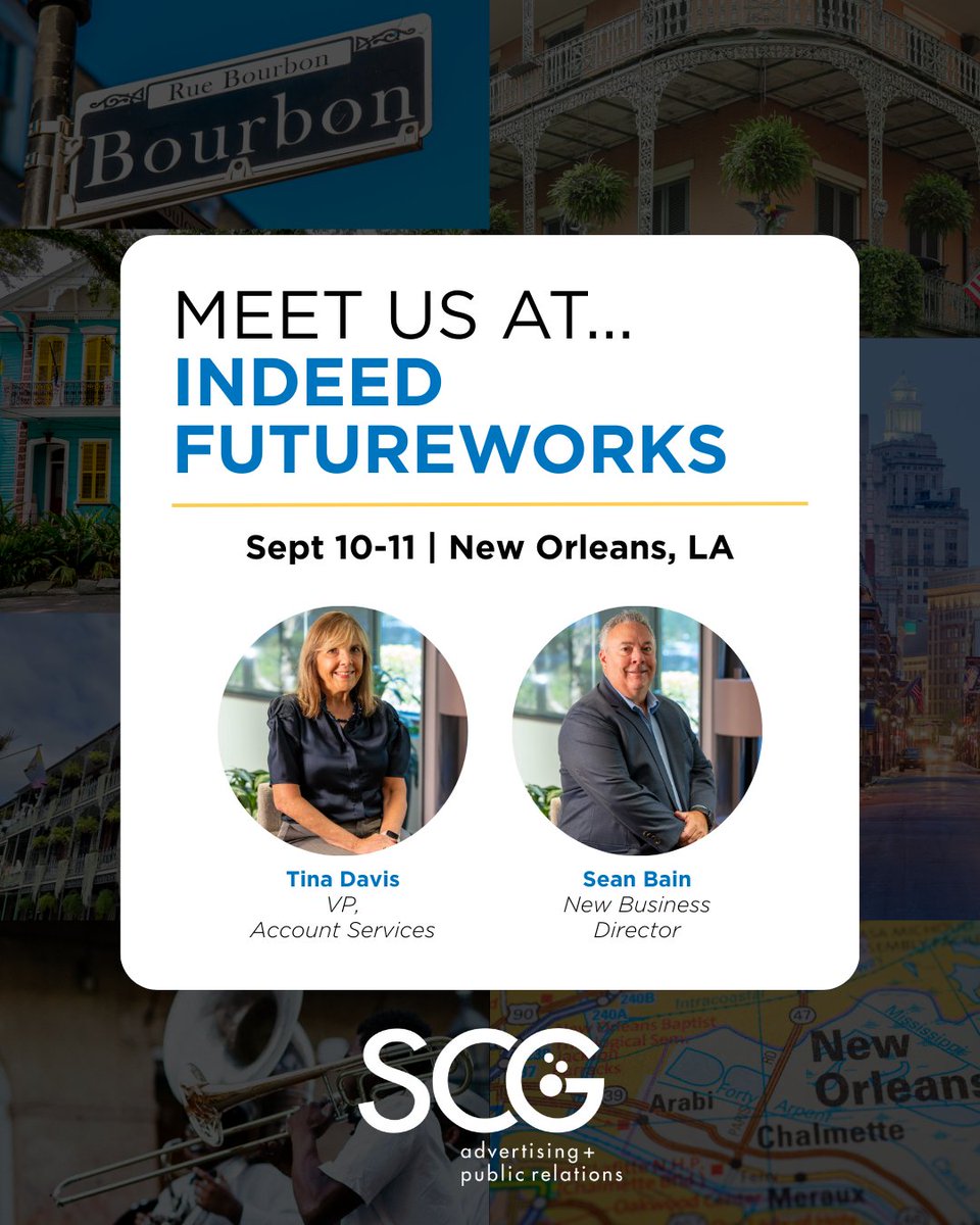 The future of work is a hot topic, and SCG will be at #IndeedFutureWorks2025 in New Orleans to be part of the conversation! Want to chat about how SCG can help you achieve your hiring goals? Reach out to Tina at tdavis@scgadv.com to schedule a meeting. #SCG #Indeed