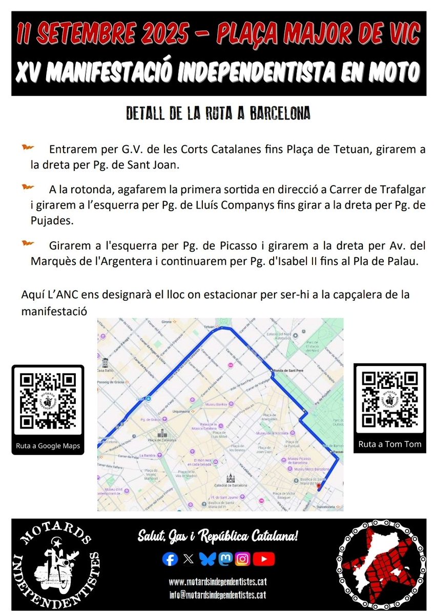 Bona tarda a tothom. 
Us passem en detall la ruta que farem al entrar a Barcelona. 
Aprofitem per dir-vos que no marxeu fins acabats tots els actes de la Diada.
Gràcies.