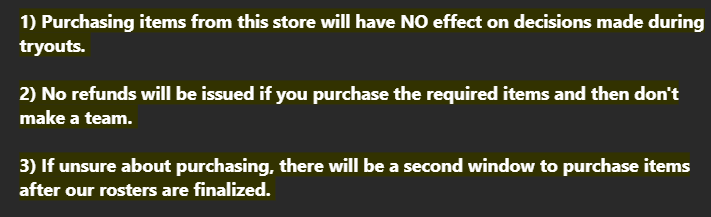 Our team store for the season is now open and will remain open until Monday 9/15. We will have a second store that will open after tryouts when our rosters are officially finalized. See below for important info regarding purchasing from the store.

LINK: bit.ly/4ggR9WD