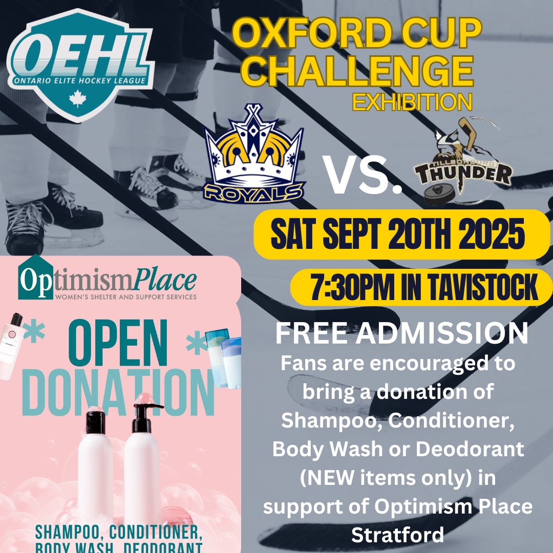 Join us Saturday Sept 20th 7:30pm as we host the @tillsonburgthunder in pre-season
@oehlhockey
action!  Admission is FREE and we will be collecting donations of Shampoo, Conditioner, Body Wash and Deodorant in support of Optimism Place Stratford.