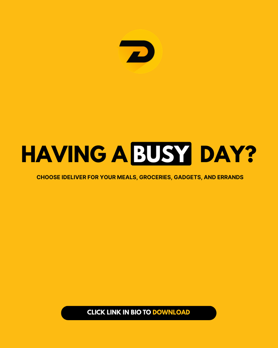 Too busy to run around today? 😅
Let iDeliver handle it! 🚴🏾‍♂️📦

From meals 🍲 to groceries 🛒, gadgets 📱, and errands 🧾  we bring everything right to your doorstep.

One app. Zero stress. 🙌🏾
Click the link in our bio to download and shop now! 💛

#iDeliverNaija #iDeliveryApp