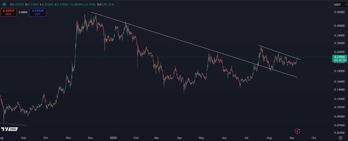 A line chart displaying Dogecoin price movements over time. The chart shows a downward trend with a descending trendline, red and green candlesticks, and price levels marked on the y-axis ranging from 0.0000 to 0.5000. A watermark from TradingView is visible.