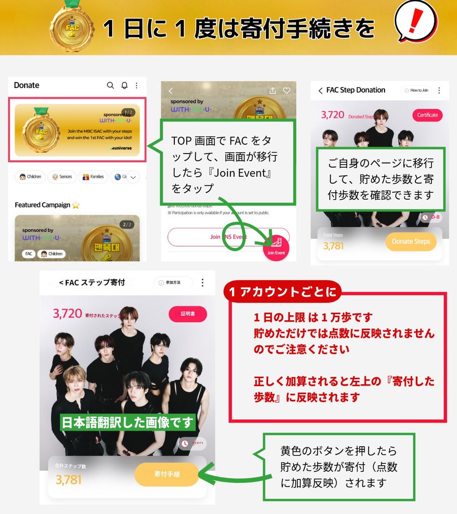 nSSign_JPST's tweet photo. [ 2025FAC：팬육대(ペンユクデ) ]
歩数の寄付手続きについて

貯めた歩数を成績にするには『寄付手続き』が必要です
成績としてあげられるのは 1アカウントにつき 1日1万歩が上限となっています
毎日 必ず1度は 寄付手続きをお願いします🫶

#nSSign #エンサイン https://t.co/xTM7K1FAfs