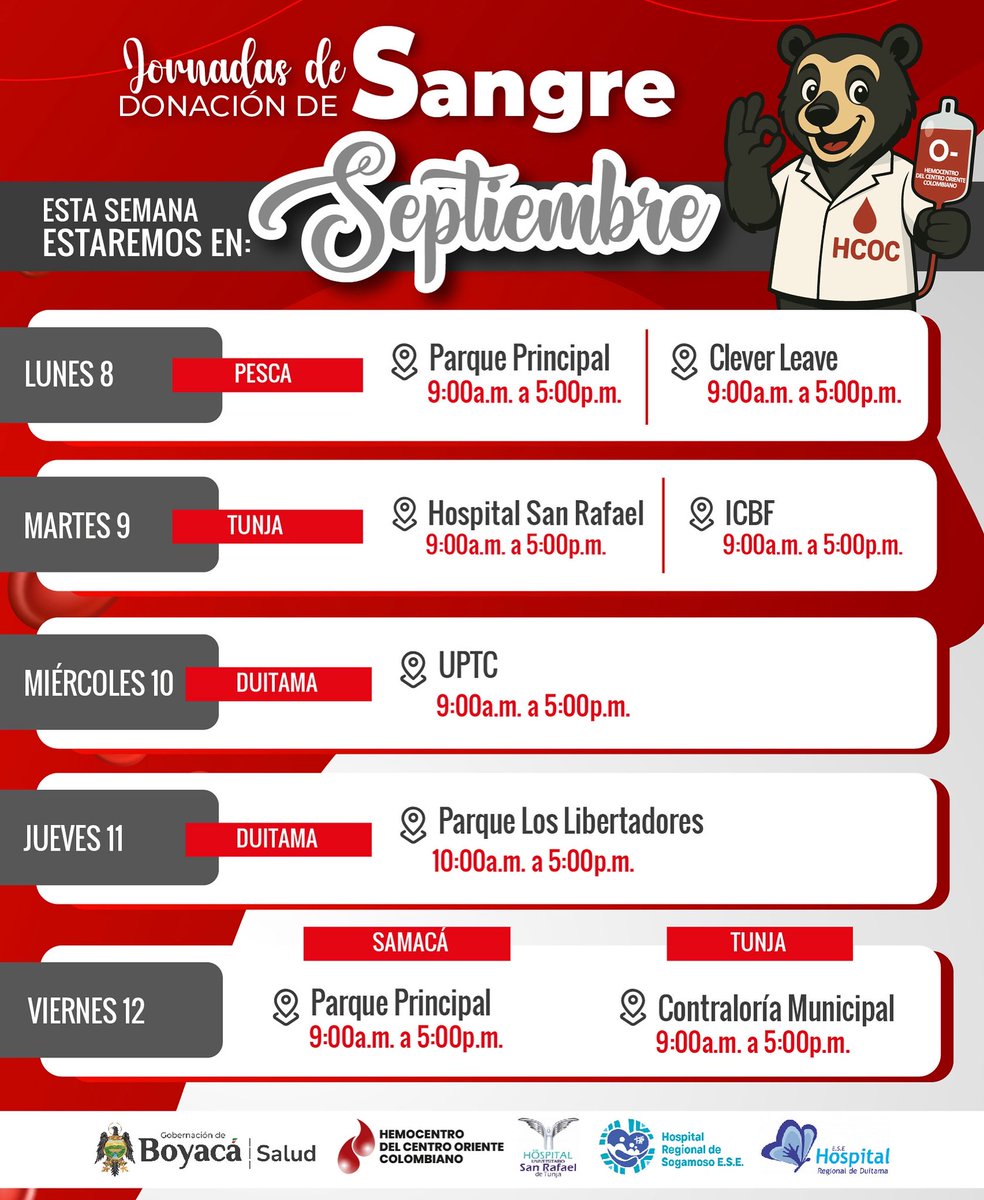 🩸 Esta semana el Hemocentro del Centro Oriente Colombiano llega a Pesca, Tunja, Duitama y Samacá.
Dona sangre, regala vida ❤️ ¡Puedes salvar hasta 3 personas con tu aporte!

#DonaSangre #SalvaVidas